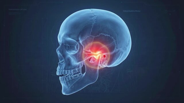 3D medical illustration of a human skull profile with glowing red highlight on the temporomandibular joint indicating jaw pain or TMJ disorder