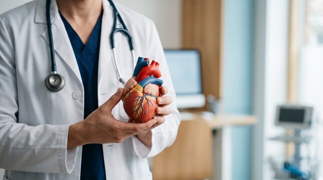 A doctor in a white coat holding an anatomical heart model in a medical office.