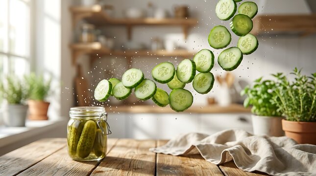 Flying cucumber slices over wooden table in kitchen.