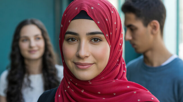 Young muslim woman wearing hijab smiling confidently outdoors diversity