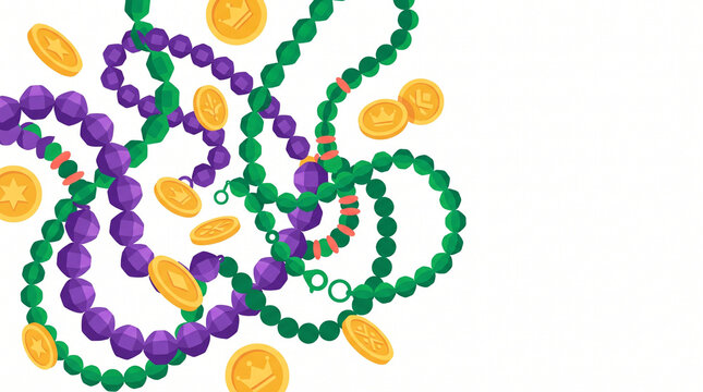 Colorful beads and gold doubloons scattered on a white background  