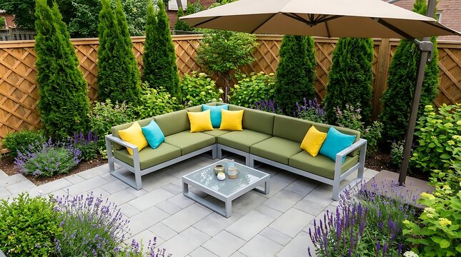 Modern Patio Furniture Set with Sofa and Umbrella in Green Garden Backyard.