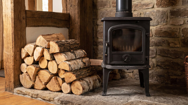 Stack of firewood logs next to a black cast iron wood burning stove in a rustic room