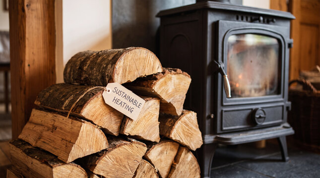 Stack of firewood logs with a sustainable heating tag next to a wood burning stove