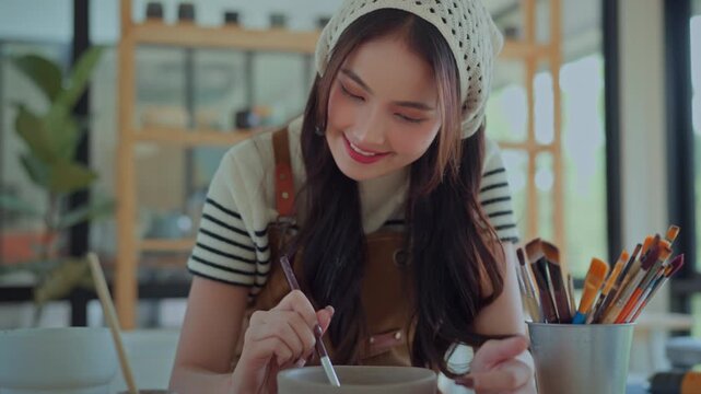 Close up of young Asian woman carefully painting handmade ceramic bowl with brush in pottery workshop, focused female artist decorating clay pottery at craft studio, creative hobby