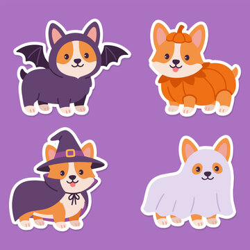 Cute Halloween corgi dog costume sticker set, pumpkin, bat, ghost and witch cartoon illustrations