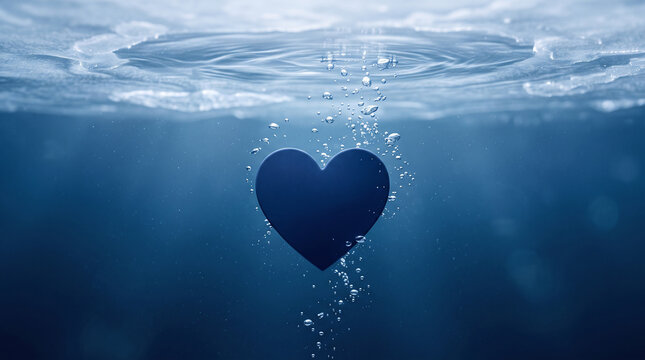 Deep blue heart symbolizing love and connection submerged in ocean
