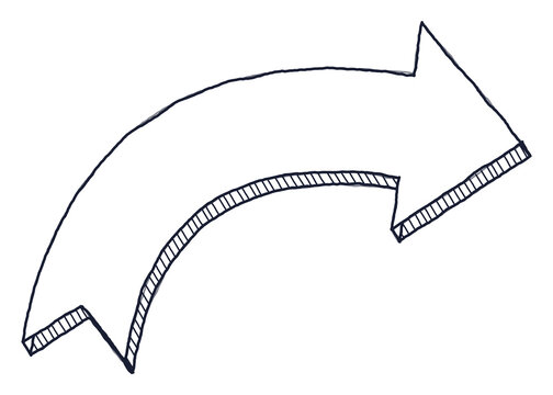 Hand drawn bent arrow turning right, bold 3D sketch doodle on transparent background