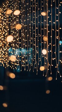 Festive glowing string lights hanging down with fairy led illumination out of focus christmas celebration background backdrop decorative decoration