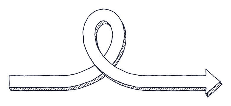 Hand drawn loop arrow pointing right, 3D sketch doodle on transparent background