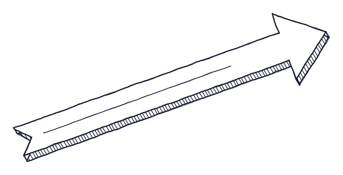 Hand drawn straight arrow with notched tail, 3D sketch doodle on transparent background