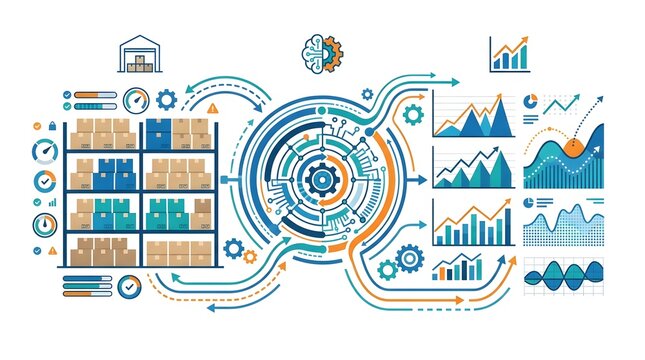 Logistics and supply chain management infographic featuring warehouse