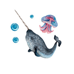 A nautical-themed set featuring a spotted narwhal, a purple jellyfish, and blue air bubbles. Hand painted watercolor illustrations on a white background. Stickers, prints, textiles © VIKTORIIA