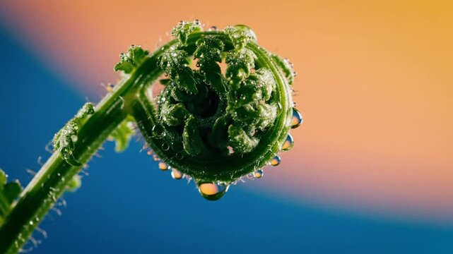 Close-up of a tightly coiled fiddlehead fern covered in water droplets with sound of a gentle stream
