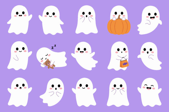 Set of cute halloween ghosts with different expressions and poses, isolated, flat vector illustration