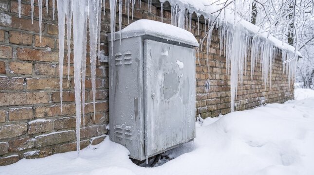 Metal electrical box stands frozen beside weathered brick wall during harsh winter storm, covered under thick layer of crystalline frost beside long sharp icicles hanging from roof edge.