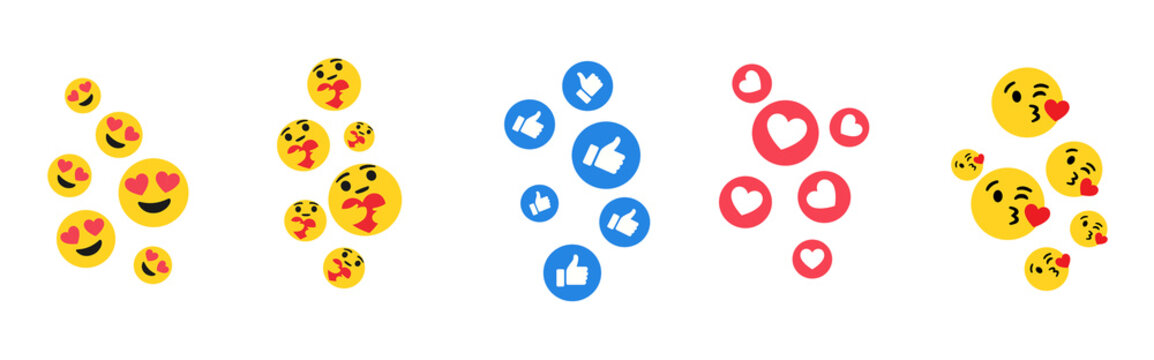 Flat social media reaction emoji set, heart eyes, care hug, thumbs up like, love heart and kiss emoji icons isolated on transparent background for social engagement and digital marketing