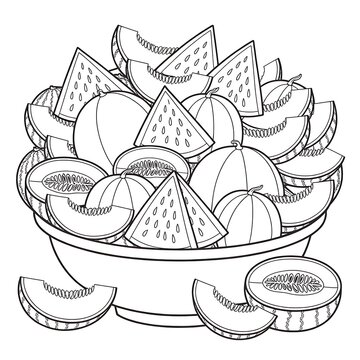 Black and white coloring page showing a bowl filled with various slices of fresh melons and watermelons