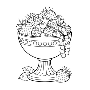 Black and white coloring page illustration of a bowl filled with various fresh summer berries and strawberries