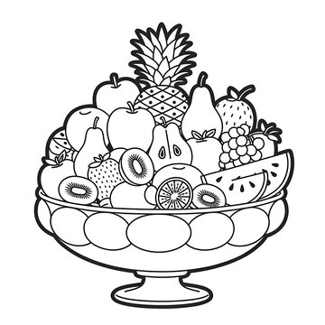 Black and white coloring page showing a bowl full of assorted fresh fruits illustration