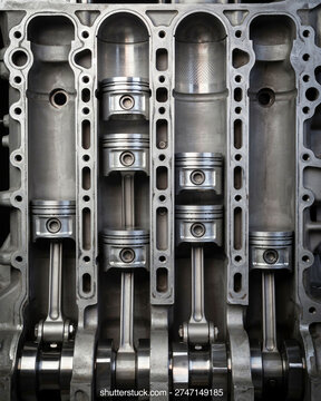 Internal combustion engine block cutaway showing pistons and
