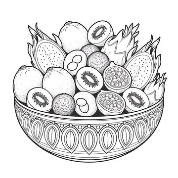 Black and white hand drawn coloring page featuring a bowl of exotic tropical fruits including dragon fruit and kiwi