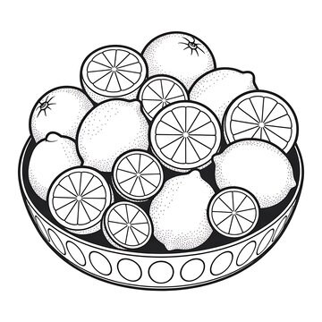 Black and white line art illustration of a bowl filled with whole and sliced lemons