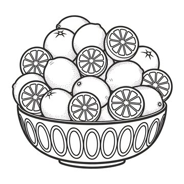 Handdrawn black and white sketch illustration of fresh lemons in a decorative bowl