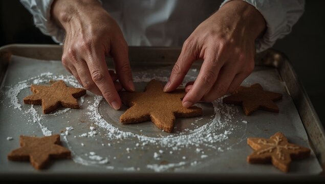A person making star-shaped cookies on a cookie sheet