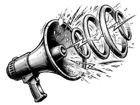 Megaphone Blasting Halftone Sound Wave Shockwaves for Bullhorn Speaker Marketing Promotion Vector Clipart
