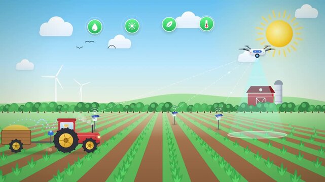Smart farming concept, drone scanning crops and tractor in a field, agriculture animation loop