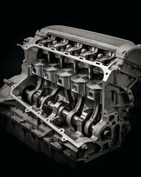 Internal combustion engine block with visible pistons and crankshaft