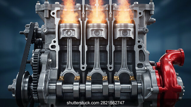 Cross section of a car engine showing internal pistons firing with