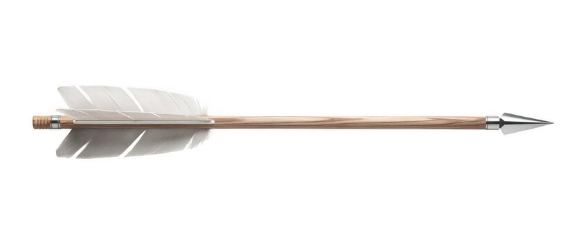 A wooden arrow with fletching and a metal tip in studio lighting against a neutral surface