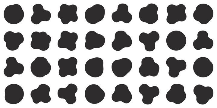 Organic shapes vector design featuring random abstract liquid blob elements, round pebbles, fluid drops, and irregular black blotches isolated on white