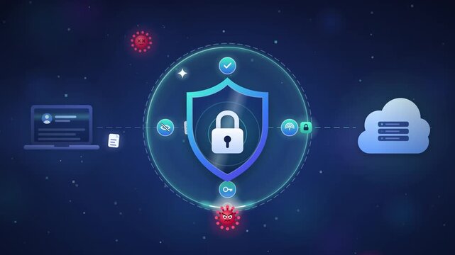 Data privacy and cybersecurity concept, shield and padlock blocking malware, animated loop