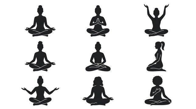 Yoga and Meditation Silhouette Icon Set Featuring Lotus Pose, Mindfulness Practice, Breathing Exercises, Wellness Training, Spiritual Balance and Healthy Lifestyle Vector 