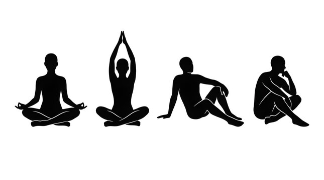 Yoga Meditation Silhouette Set with Seated Stretching and Mindfulness Poses, Wellness Exercise Collection, Healthy Lifestyle Practice, Black Vector Icons Isolated on White Background