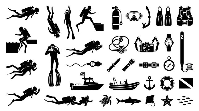 Scuba Diving and Underwater Exploration Silhouette Icon Set, Divers Swimming, Marine Equipment, Snorkeling Activities, Ocean Adventure Symbols, Black Vector Collection Isolated on White Background