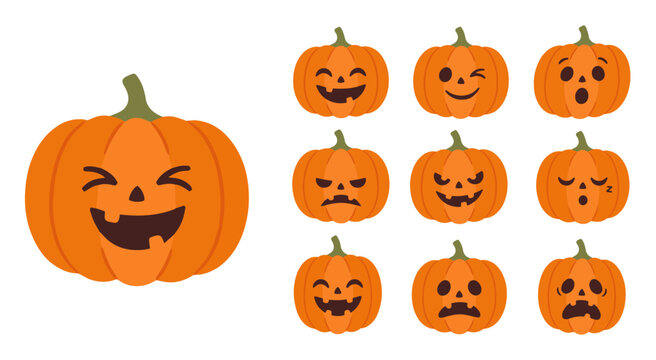 Funny cartoon Halloween pumpkin set with different facial expressions, isolated on white background. Flat vector illustration.