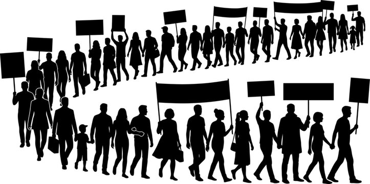 Large procession of people walking in a long line carrying placards and banners with protesters silhouette background movement gathering activism