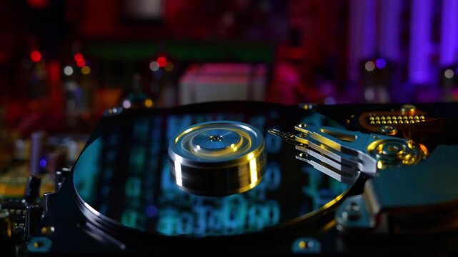 Futuristic server mainframe computing node under cyber attack. Cinematic camera dolly left movement with tracking parallax angle revealing binary matrix code on spinning hard drive plate under red and