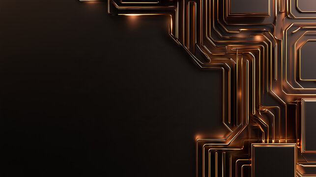 Premium luxury Cyber Monday background with golden tech circuit lines on dark surface with copy space