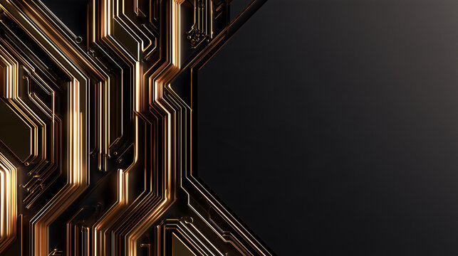 Premium luxury Cyber Monday background with golden tech circuit lines on dark surface with copy space