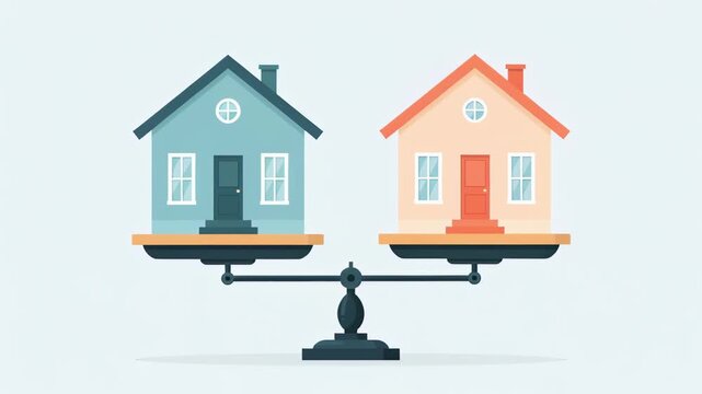 Conceptual animation illustrating the fluctuation of the housing market with two residential properties on a scale, symbolizing the comparison of home prices, investment choice, and mortgage rates
