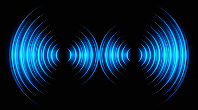 Neon blue sound wave graphic, glowing audio frequency equalizer waves, digital music tech background