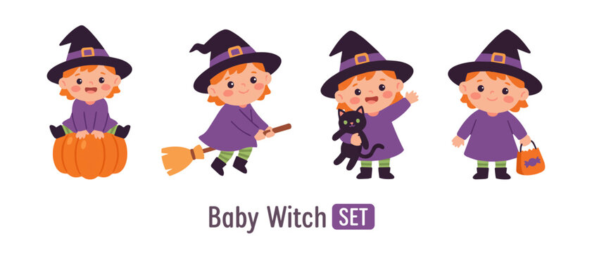 Cute baby witch Halloween set, adorable little girl in purple witch costume with black cat, broomstick and pumpkin. Sweet cartoon witch in different poses, festive spooky character for trick or treat