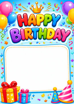 Colorful cartoon happy birthday greeting card template with blank copy space, balloons, gifts, and party hats 