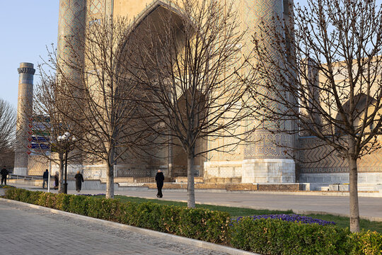 Bibi-Khanym Mosque facade with towering portal and minaret in early spring sunlight in Samarkand. Bare trees and landscaped hedges frame the monumental entrance, ideal for travel and heritage.