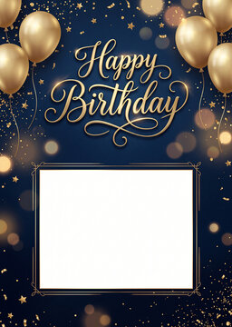 Premium elegant happy birthday greeting card template with gold balloons, confetti, and blank copy space on navy blue background